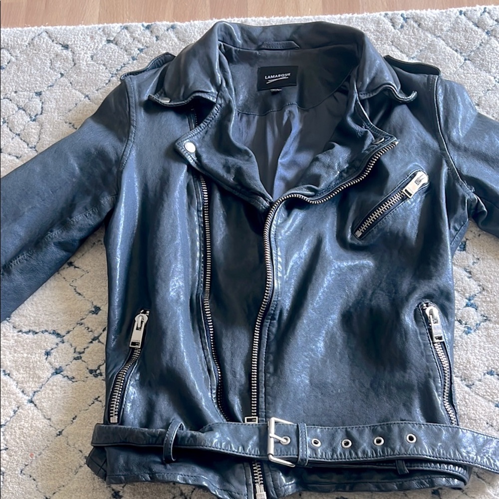 LAMARQUE Navy Leather Moto Jacket